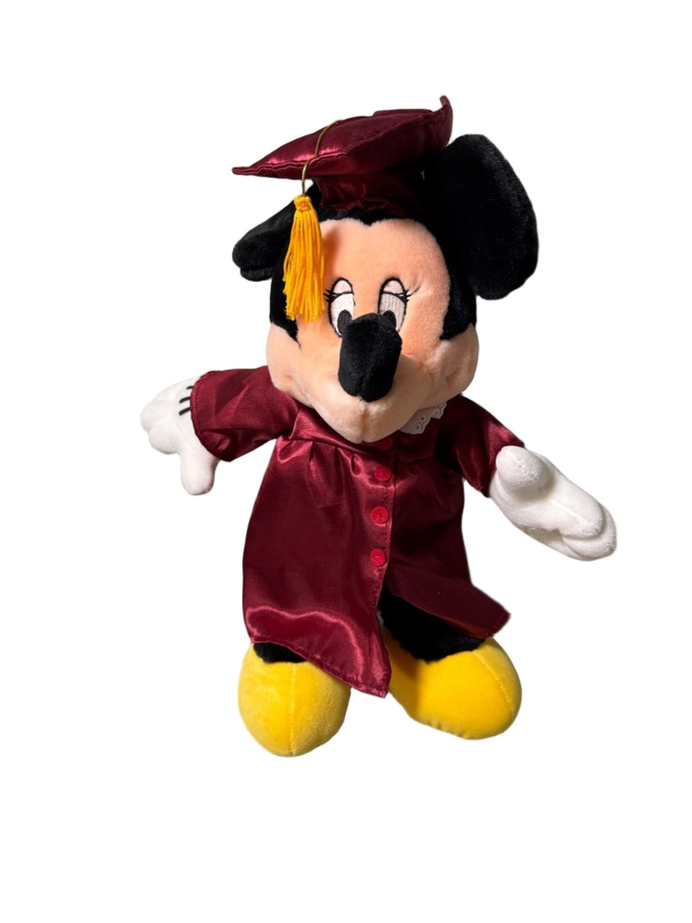 2002 Disney Minnie Mouse Plush in Maroon Graduation Outfit with Yellow Shoes